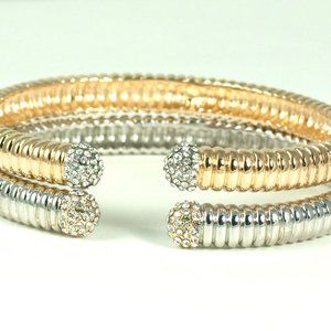2PCS-DESIGNER INSPIRED, PAVE CRYSTAL ENDS RIBBED CUFF
